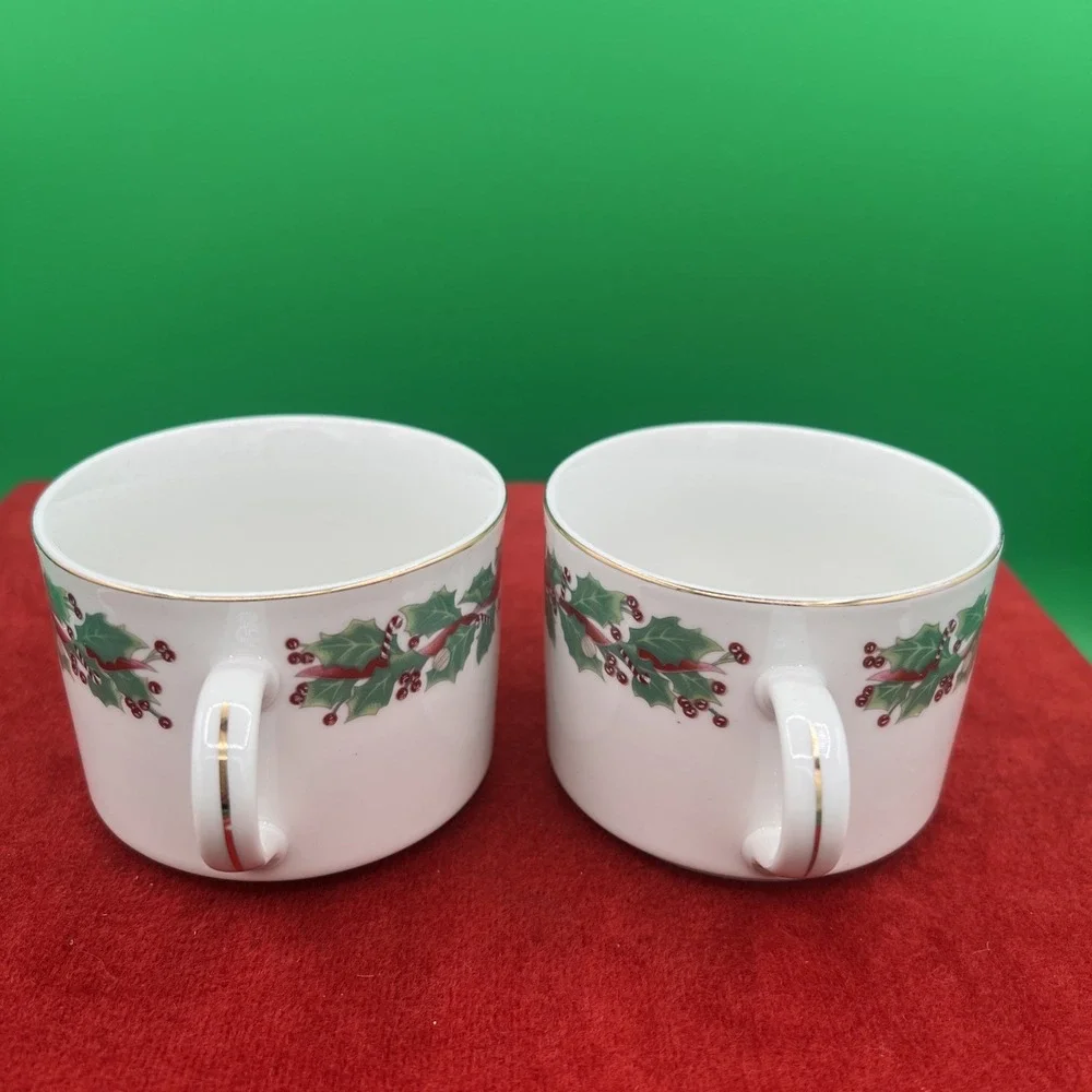 1990 Sango Christmas Holly Teacups 2‎ Pc Sets Candy Canes Bells 8415 Gold Rim